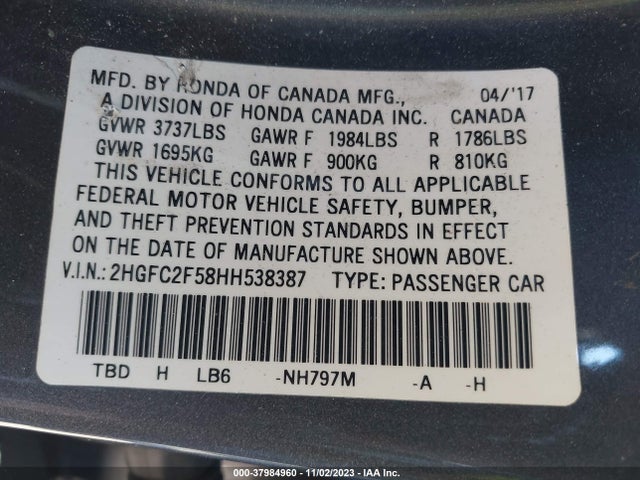 2017 HONDA CIVIC LX VIN: 2HGFC2F58HH538387