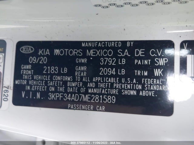 2021 KIA FORTE GT LINE VIN: 3KPF34AD7ME281589