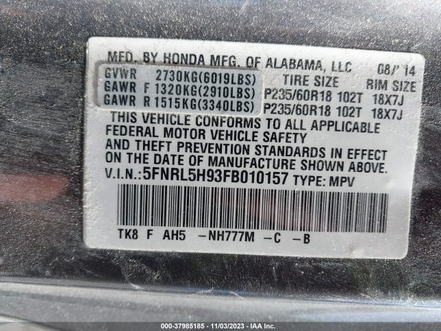 2015 HONDA ODYSSEY TOURING/TOURING ELITE VIN: 5FNRL5H93FB010157