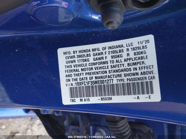 2021 HONDA CIVIC EX VIN: 19XFC1F35ME001277