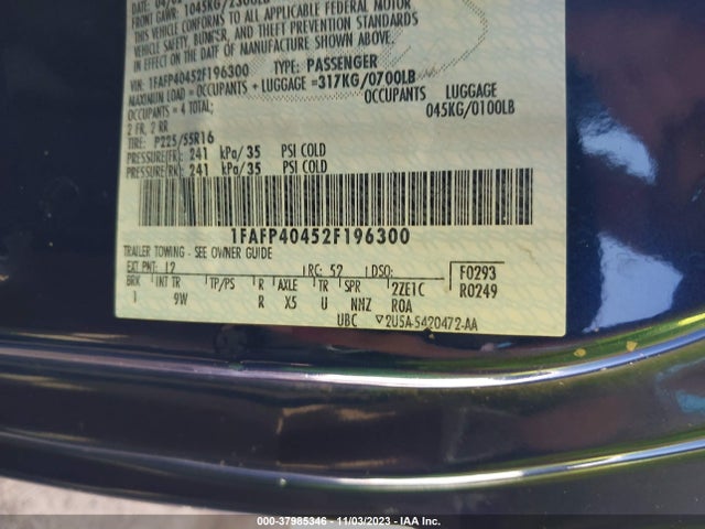 2002 FORD MUSTANG STANDARD/DELUXE/PREMIUM VIN: 1FAFP40452F196300