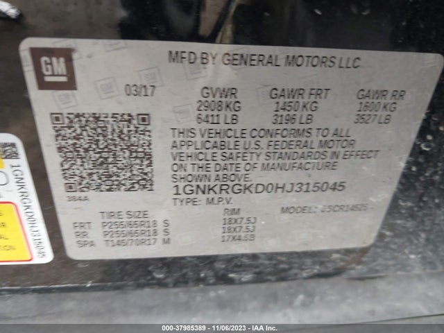 Chevrolet Traverse 1lt 2017 1GNKRGKD0HJ315045 Image 9