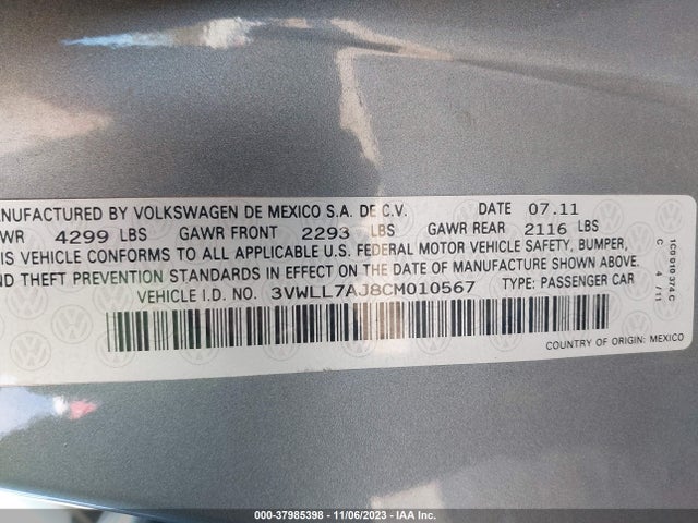2012 VOLKSWAGEN JETTA SEDAN TDI W/PREMIUM VIN: 3VWLL7AJ8CM010567