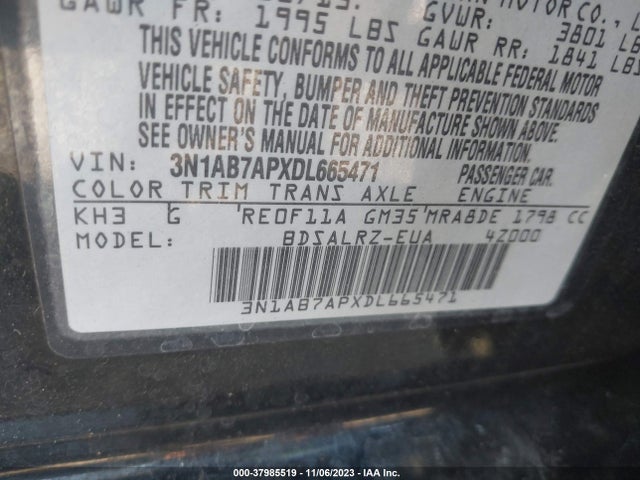2013 NISSAN SENTRA SR VIN: 3N1AB7APXDL665471