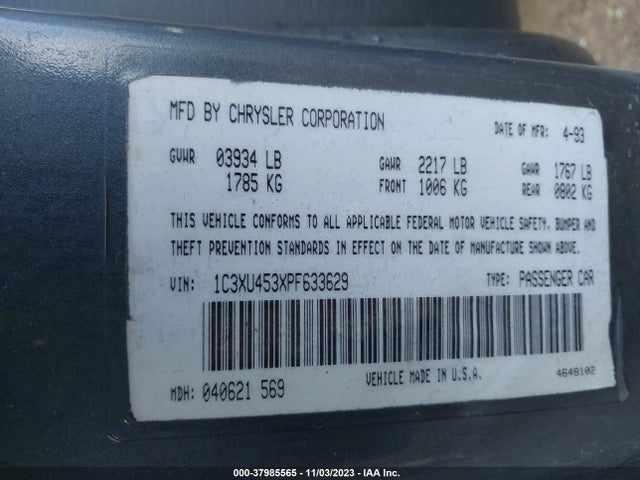 1993 CHRYSLER LEBARON VIN: 1C3XU453XPF633629