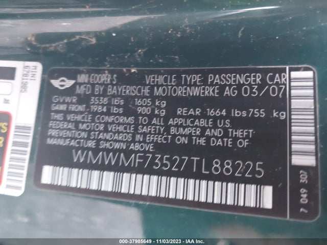 2007 MINI COOPER HARDTOP WMWMF73527TL88225 Photo 8