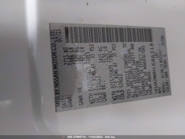 2015 NISSAN PATHFINDER PLATINUM VIN: 5N1AR2MM9FC686318