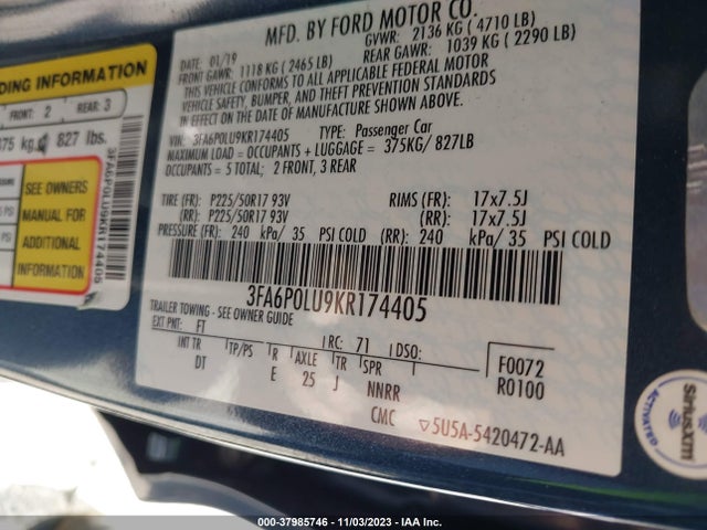 2019 FORD FUSION HYBRID SE VIN: 3FA6P0LU9KR174405