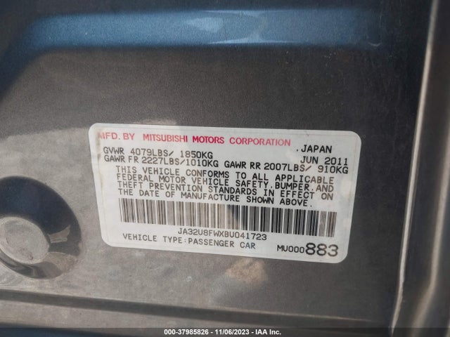 2011 MITSUBISHI LANCER GTS VIN: JA32U8FWXBU041723