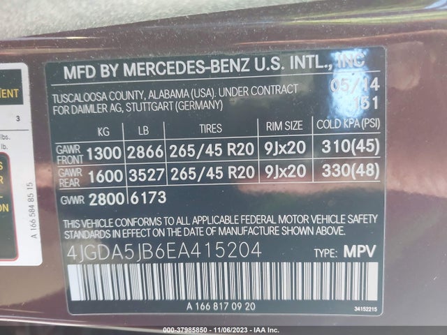 2014 MERCEDES-BENZ ML 350 VIN: 4JGDA5JB6EA415204