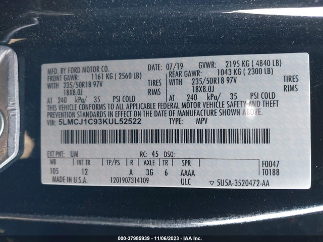2019 LINCOLN MKC STANDARD VIN: 5LMCJ1C93KUL52522