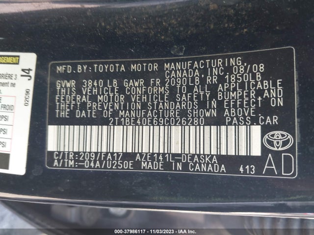 2009 TOYOTA COROLLA XRS VIN: 2T1BE40E69C026280