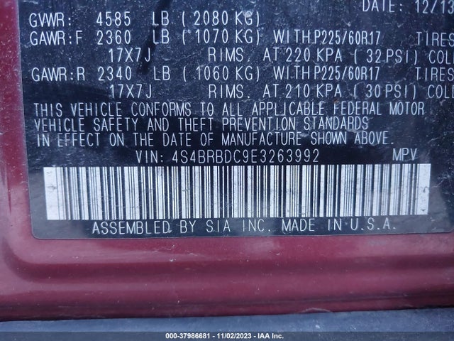 2014 SUBARU OUTBACK 2.5I PREMIUM VIN: 4S4BRBDC9E3263992