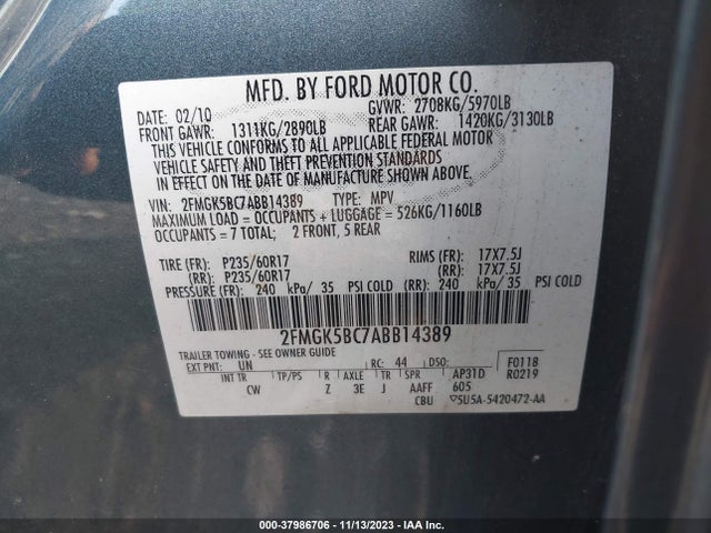 2010 FORD FLEX SE VIN: 2FMGK5BC7ABB14389