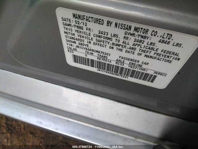 2012 INFINITI G37X VIN: JN1CV6AR8CM975201