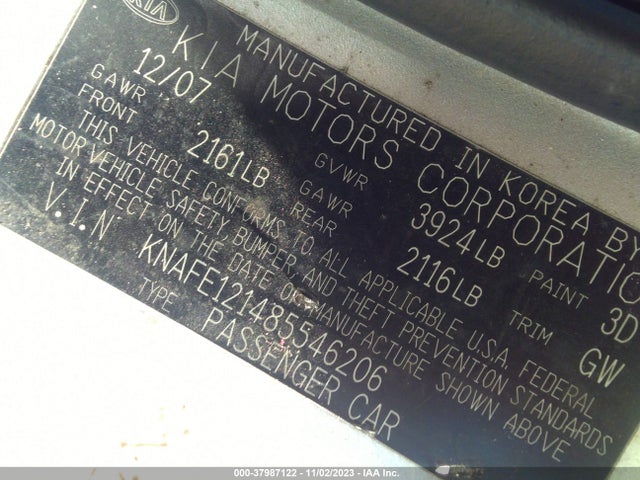 2008 KIA SPECTRA EX VIN: KNAFE121485546206