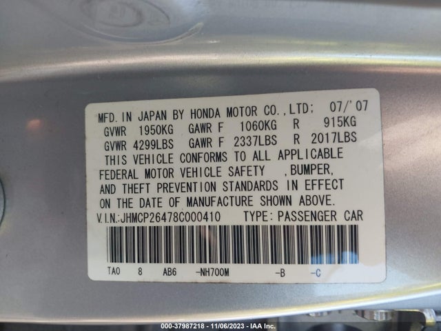 2008 HONDA ACCORD 2.4 LX-P VIN: JHMCP26478C000410