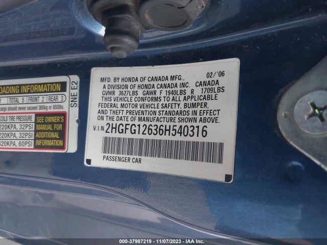 2006 HONDA CIVIC LX VIN: 2HGFG12636H540316