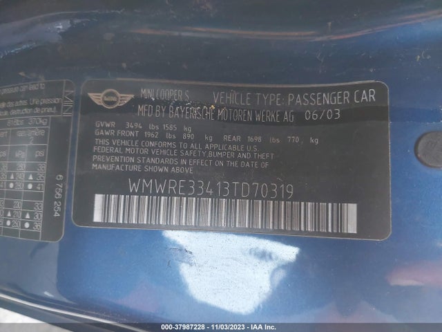 2003 MINI COOPER S WMWRE33413TD70319 Photo 8