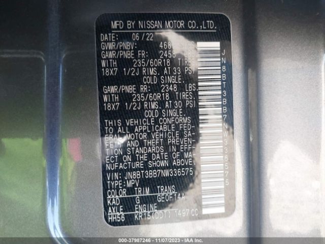 JN8BT3BB7NW336575 Nissan Rogue Sv Intelligent Awd