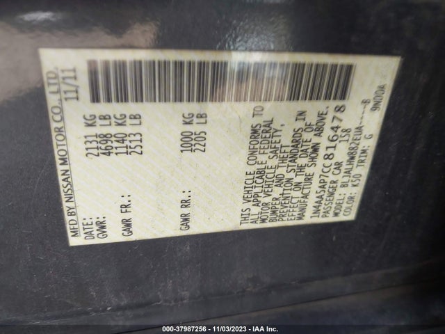 2012 NISSAN MAXIMA 3.5 SV VIN: 1N4AA5AP7CC816478