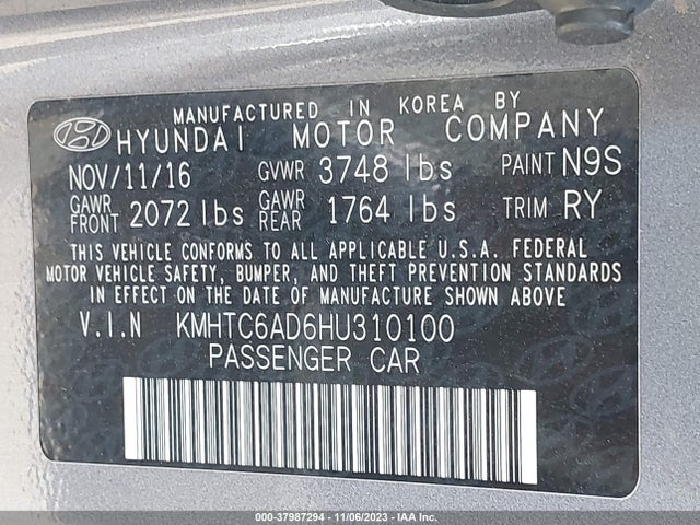 2017 HYUNDAI VELOSTER VIN: KMHTC6AD6HU310100