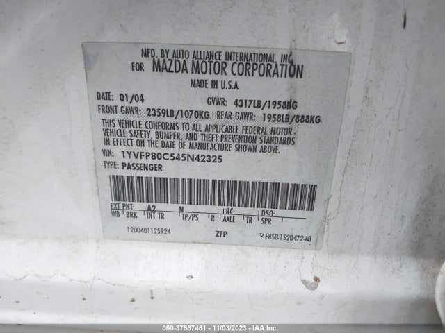 2004 MAZDA MAZDA6 I VIN: 1YVFP80C545N42325