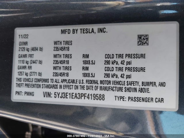 5YJ3E1EA3PF419588 Tesla Model 3 Rear-wheel Drive