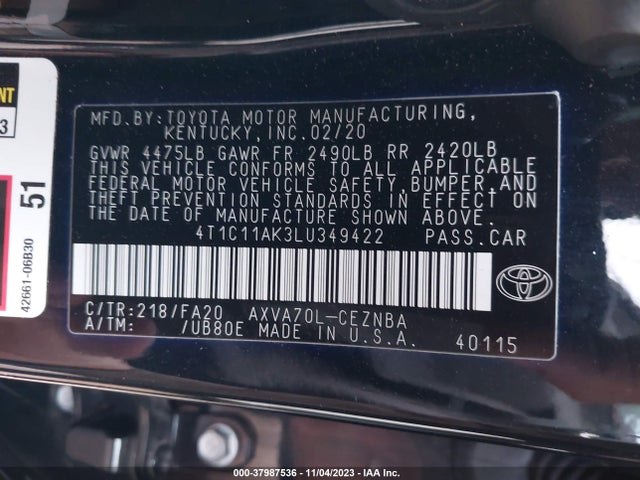 2020 TOYOTA CAMRY LE VIN: 4T1C11AK3LU349422