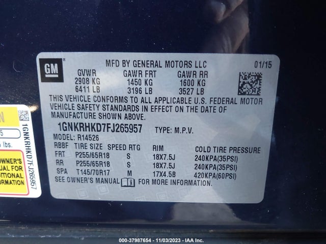Chevrolet Traverse 2lt 2015 1GNKRHKD7FJ265957 Image 9
