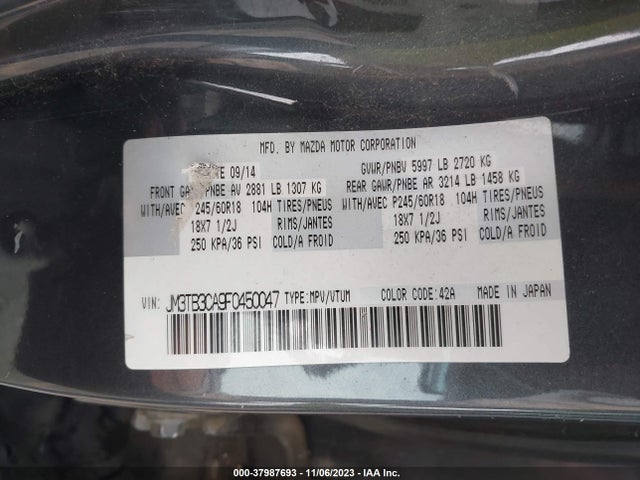 2015 MAZDA CX-9 TOURING VIN: JM3TB3CA9F0450047