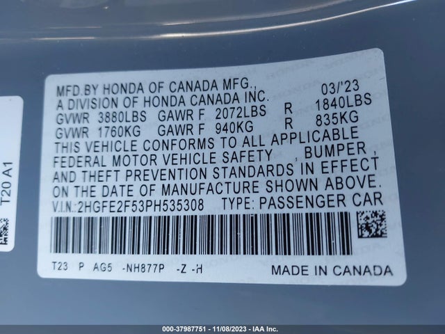 Honda Civic Sport 2023 2HGFE2F53PH535308 Image 9