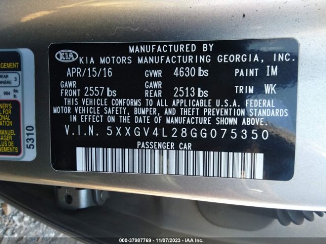 5XXGV4L28GG075350 KIA Optima Sxl Turbo
