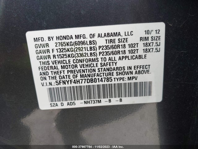 2013 HONDA PILOT EX-L VIN: 5FNYF4H77DB014785