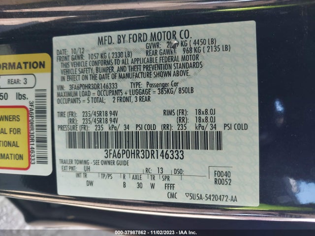 2013 FORD FUSION SE VIN: 3FA6P0HR3DR146333