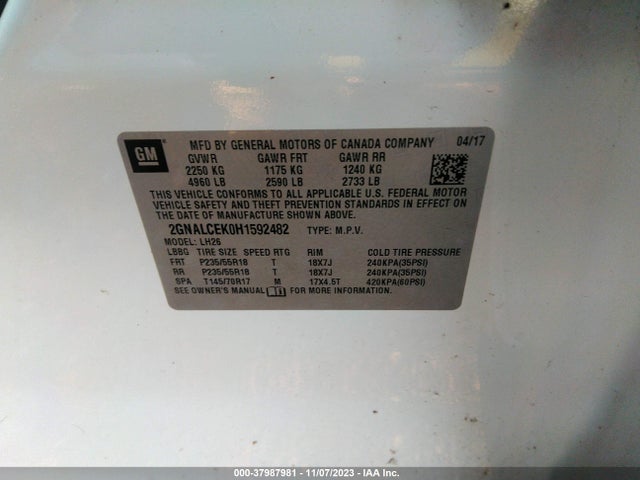 Chevrolet EQUINOX LT 2017 2GNALCEK0H1592482 Image 9