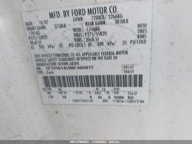 2008 FORD F-150 FX4/LARIAT/XLT VIN: 1FTPW14V88FA60917