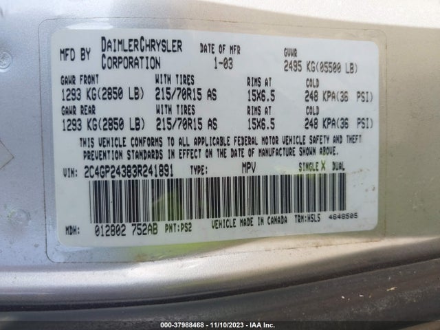 2003 CHRYSLER TOWN & COUNTRY VIN: 2C4GP24383R241891