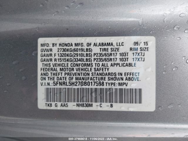 5FNRL5H27GB017598 Honda ODYSSEY LX