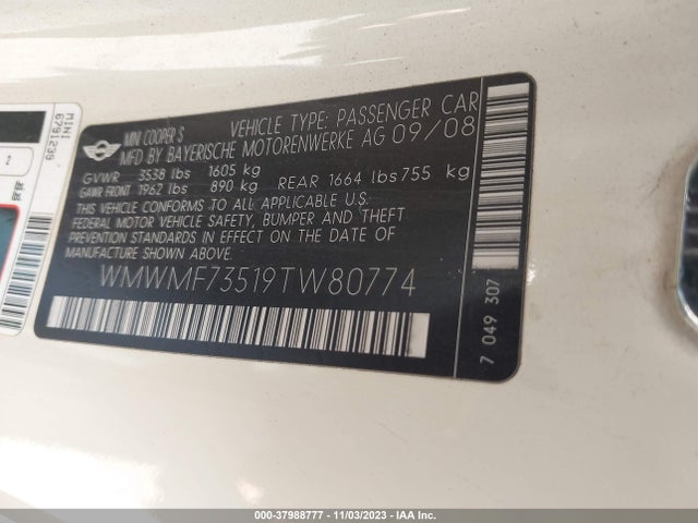 2009 MINI COOPER S WMWMF73519TW80774 Photo 8