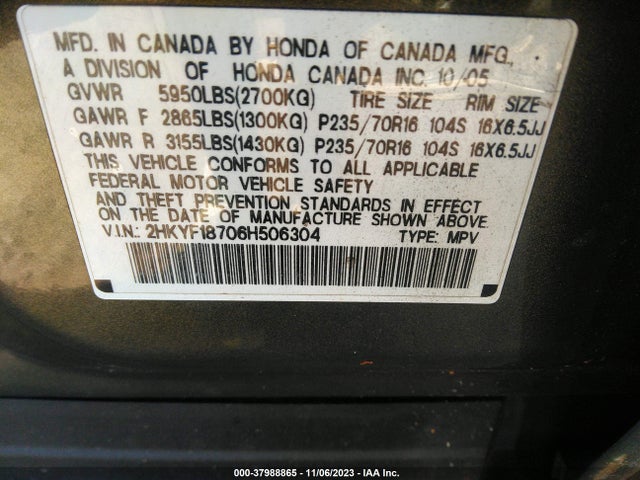 2006 HONDA PILOT EX-L VIN: 2HKYF18706H506304