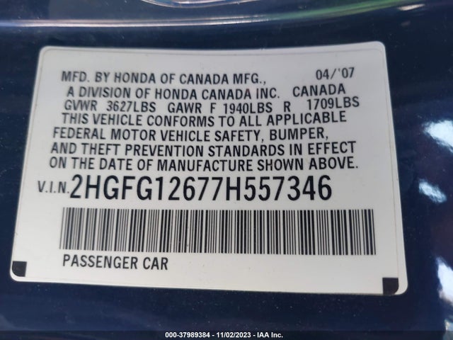 2007 HONDA CIVIC LX VIN: 2HGFG12677H557346