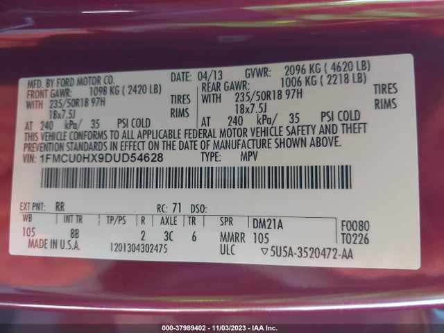 2013 FORD ESCAPE SEL VIN: 1FMCU0HX9DUD54628