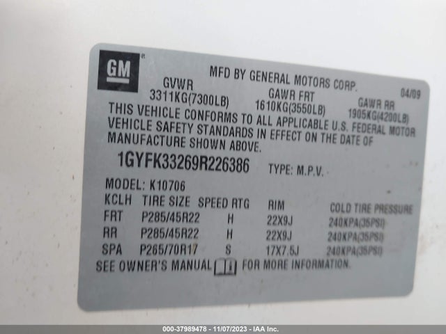 2009 CADILLAC ESCALADE PLATINUM EDITION VIN: 1GYFK33269R226386