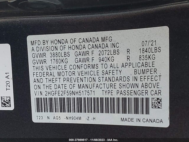 2022 HONDA CIVIC SPORT VIN: 2HGFE2F59NH517571