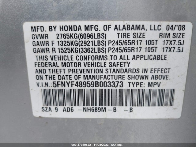 2009 HONDA PILOT TOURING VIN: 5FNYF48959B003373