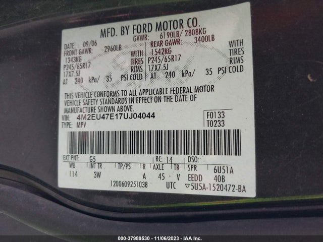 2007 MERCURY MOUNTAINEER VIN: 4M2EU47E17UJ04044