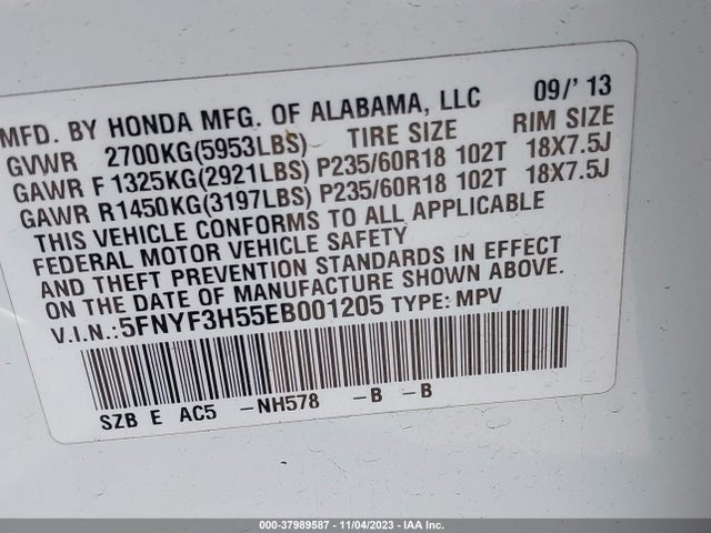 Honda Pilot Ex-l 2014 5FNYF3H55EB001205 Image 9