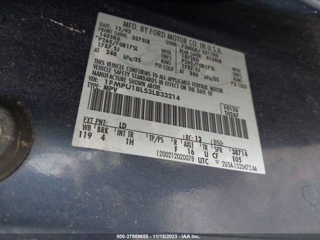 2003 FORD EXPEDITION EDDIE BAUER VIN: 1FMPU18L53LB33214