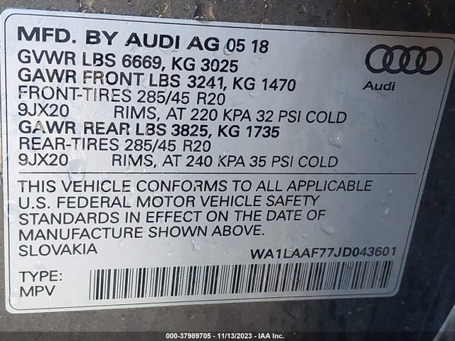 WA1LAAF77JD043601 Audi Q7 3.0t Premium